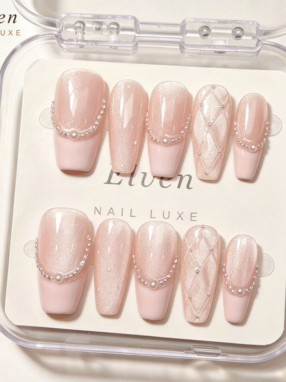 Coquette sweet nude pink french tip cat eye coffin press on nails with pearls